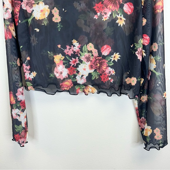 Floral Mesh Long Sleeve L XL Crop Top Black Whimsigoth Fairy Romantic 90s Y2K - Picture 3 of 8